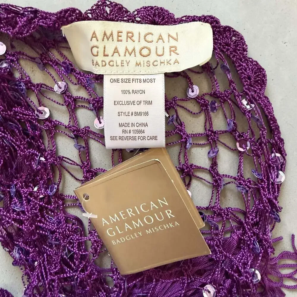 American Glamour Badgley Mischka Sequin Crochet Fringe Scarf Style #BM9166